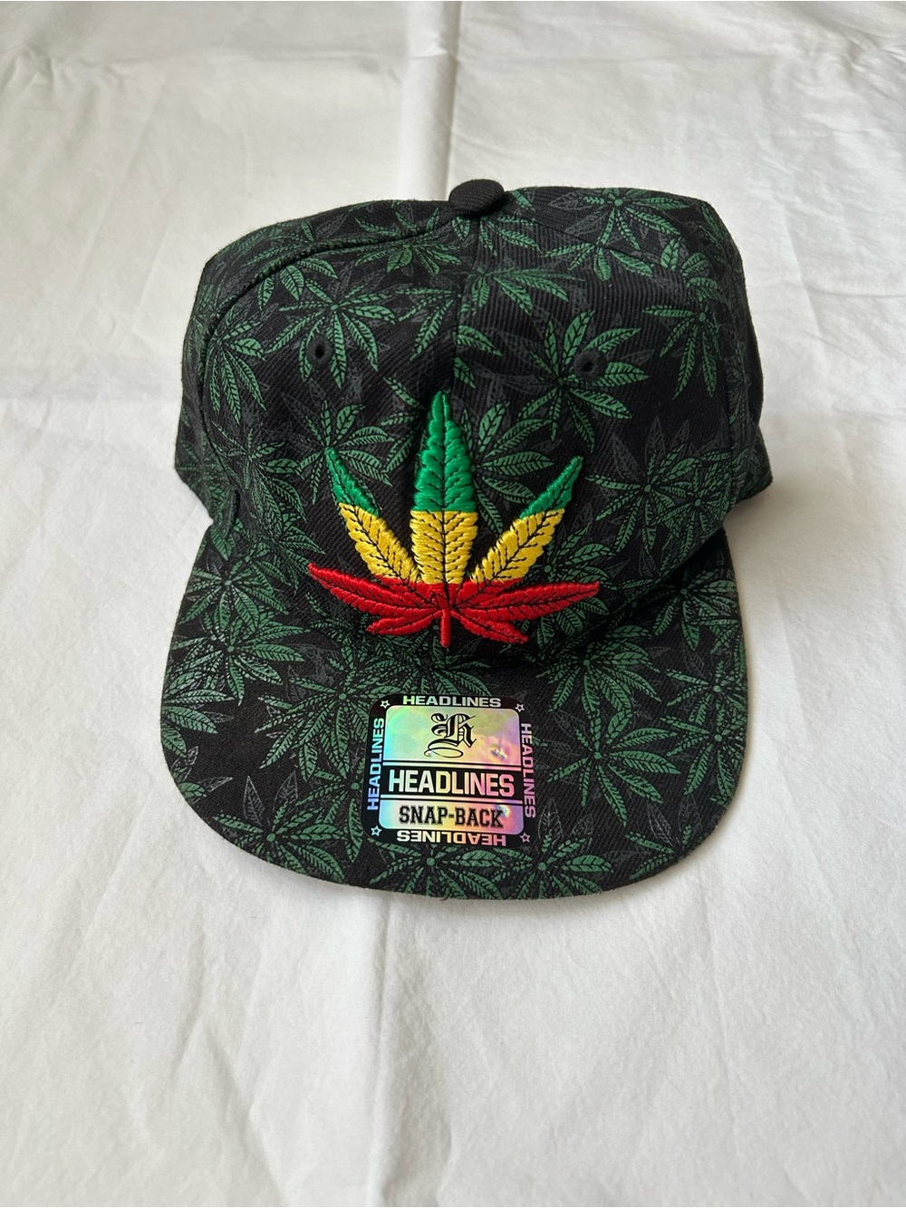 HEADLINES Black Snapback Hat with Rasta Leaf Embroidery